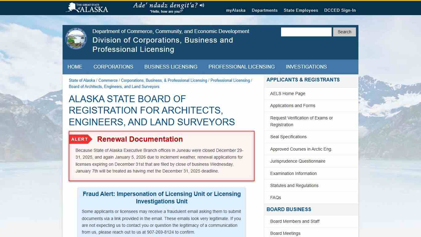 Board of Architects, Engineers, and Land Surveyors, Professional Licensing, Division of Corporations, Business and Professional Licensing